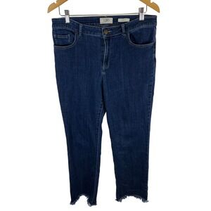 LOGO Lori Goldstein Straight Leg Jean Dark Wash Sharkbite Raw Fringe Hem Blue 12